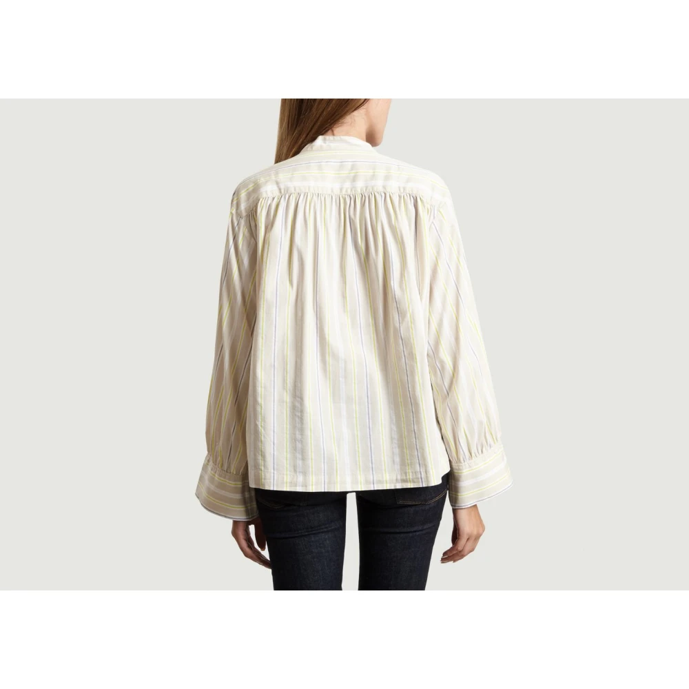 closed Pastel Streep Katoenen Blouse Beige Dames