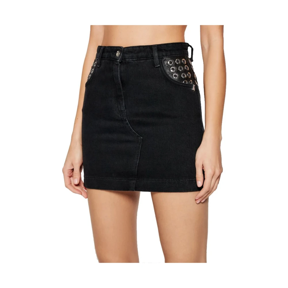 PATRIZIA PEPE Zwarte Denim Minirok met Eco-Leren Details Black Dames