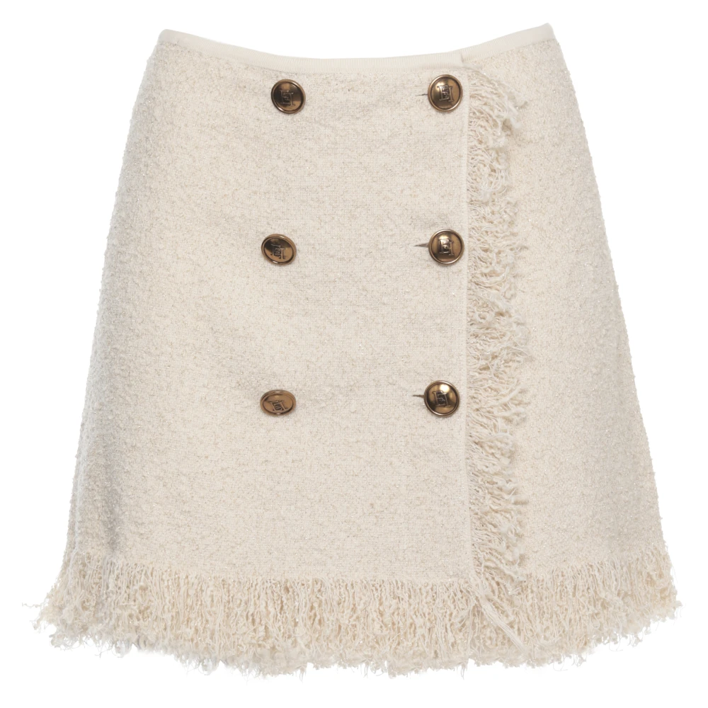 Elisabetta Franchi Beige Short Skirts, Female, Xs, Bouclé Fringed Button Mini Skirt