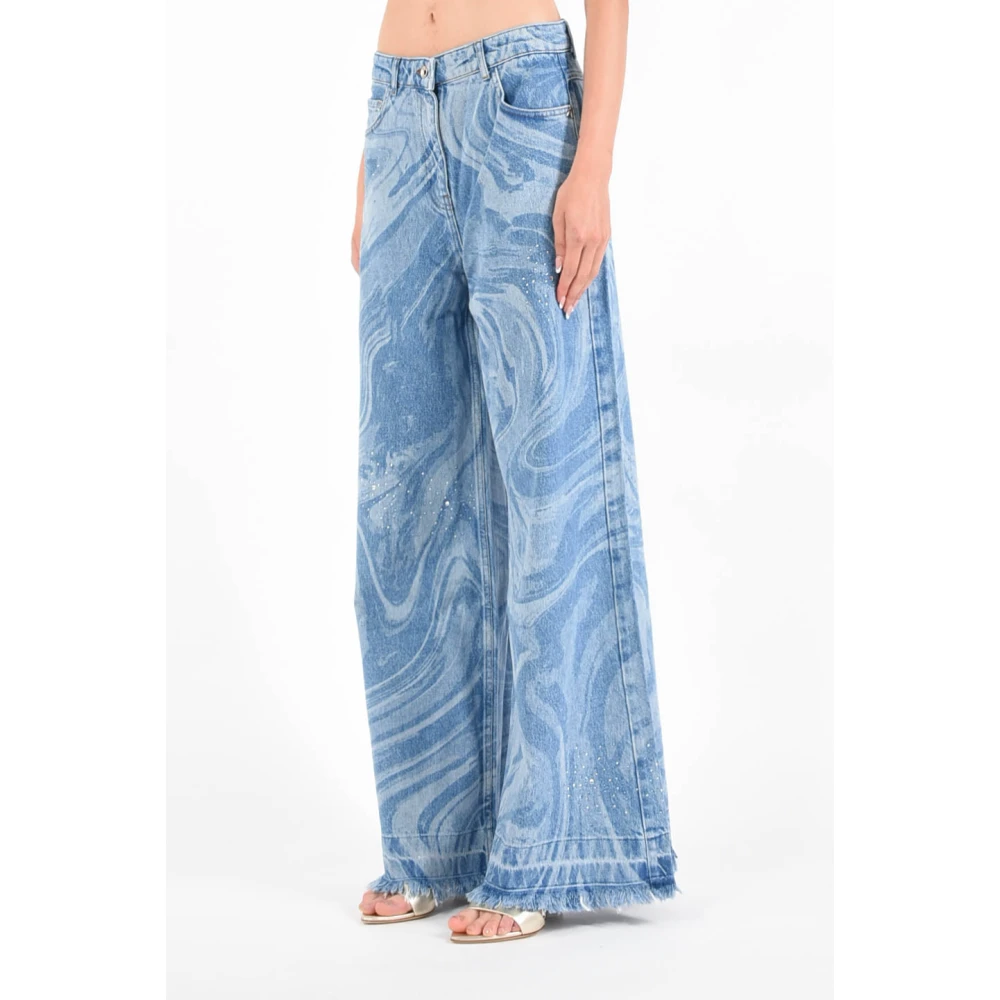 PATRIZIA PEPE Wijde Pijp Denim Jeans met Laserprint en Strass Detail Blue Dames