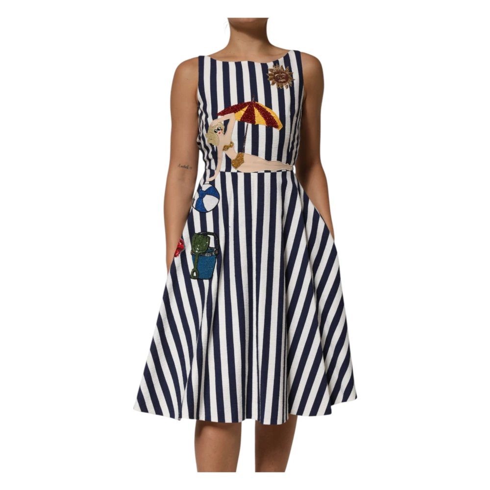 Dolce & Gabbana Women's Multicolor Blue White Striped Embroidered A-Line Dress - Midi Dresses - Xs - Dresses