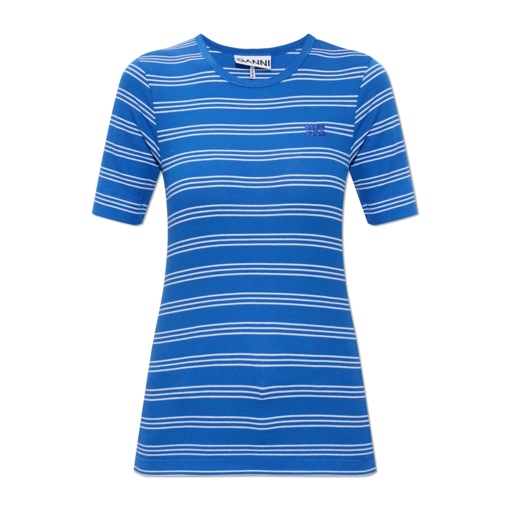 Ganni Vrouw Blauw Tops Dames, S, Katoen, Geribbelde Gestreepte Top