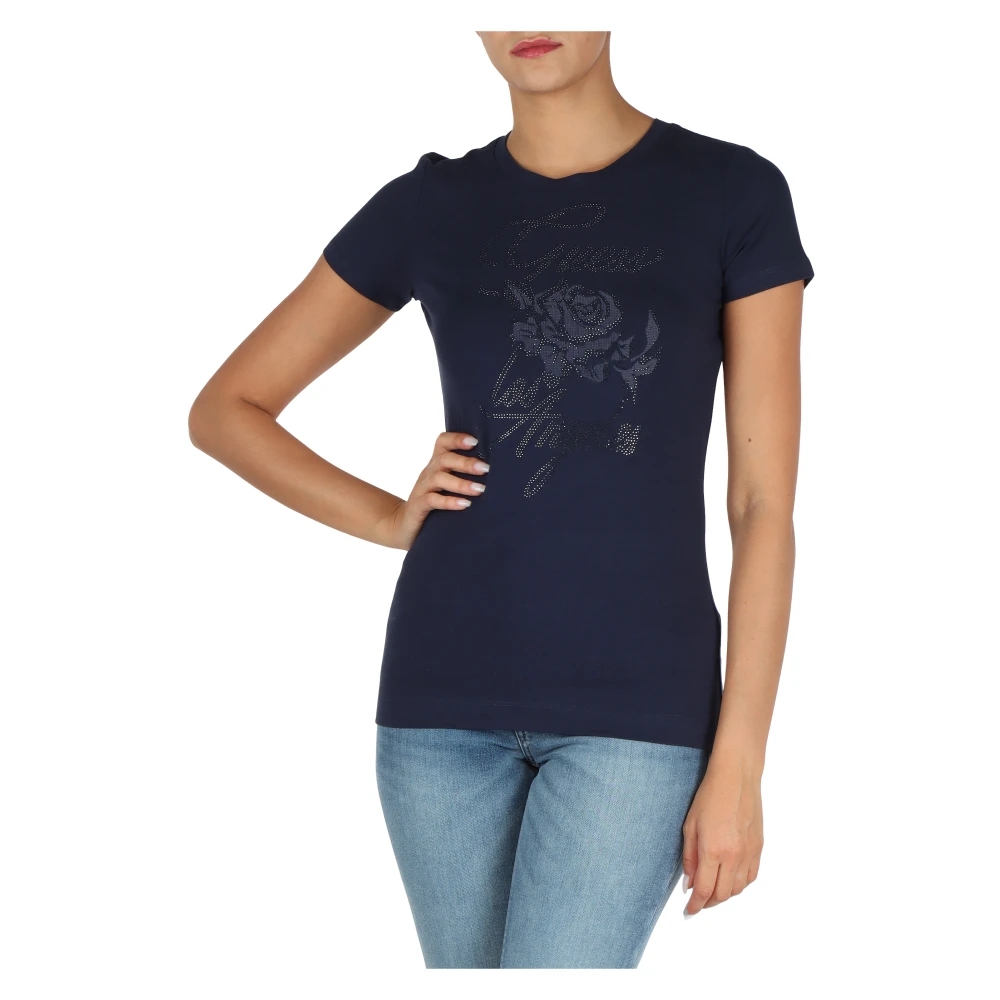 Guess Stretch Katoenen T-shirt met Strass Logo Blue Dames