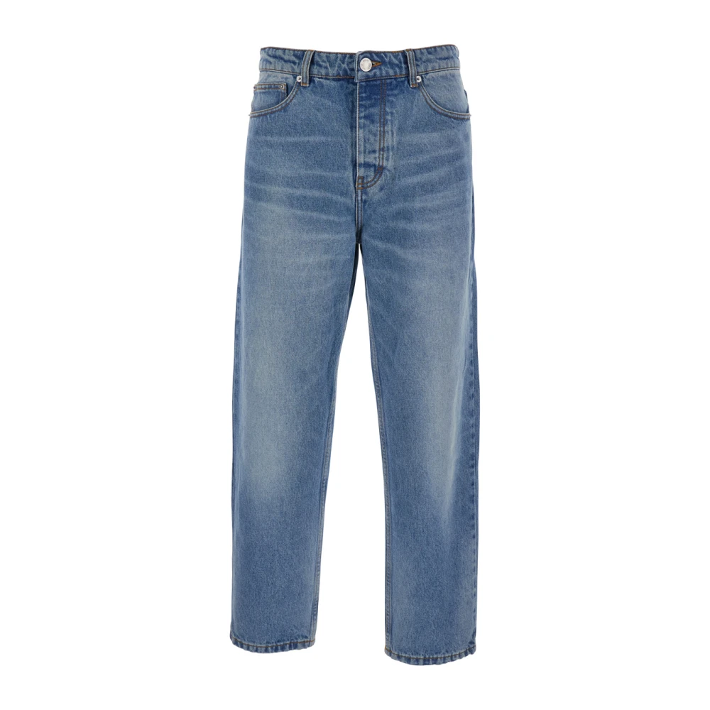 Ami Paris Blauwe Tapered Leg Denim Jeans met Logo Patch Blue Heren