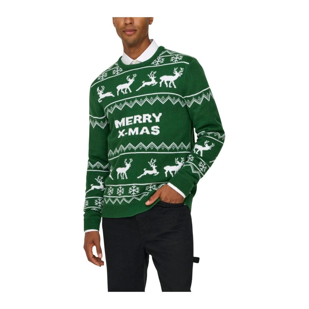 Only & Sons Men's Green Round-Neck Knitwear, S, Printed Long Sleeve Round Neck Knitwear