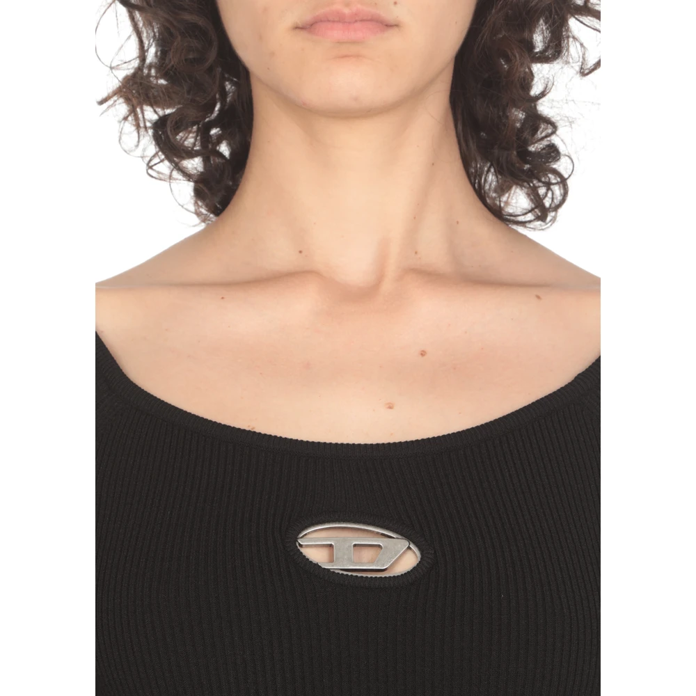 Diesel Zwarte Geribbelde Jurk met Metalen Logo Black Dames