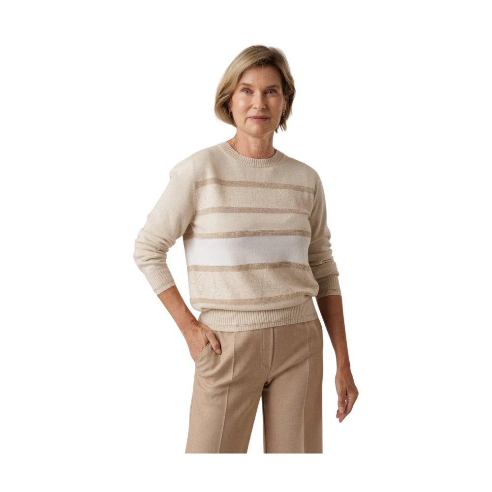 D.Exterior Gestreepte Gebreide Trui met Lurex Detail Beige Dames
