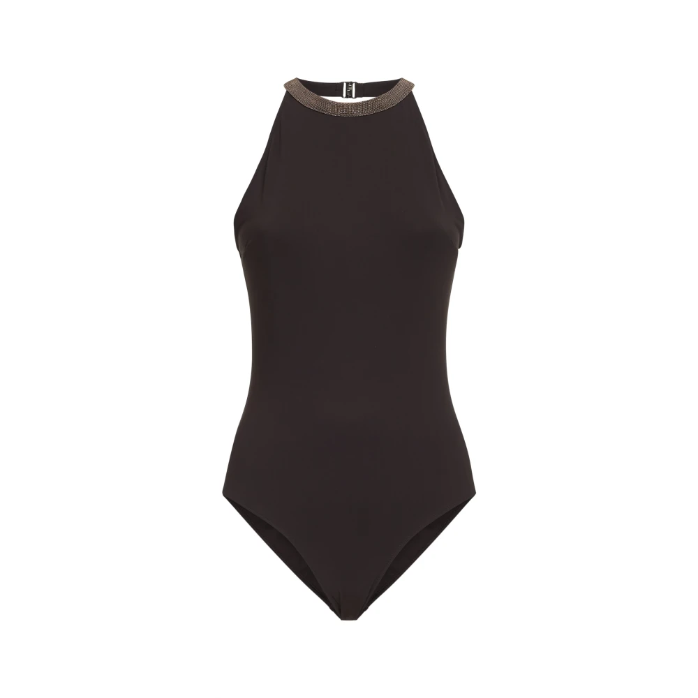 Brunello Cucinelli Brown Swimsuits, Female, L, Techno Jersey Bathing Suit With Precious Collar