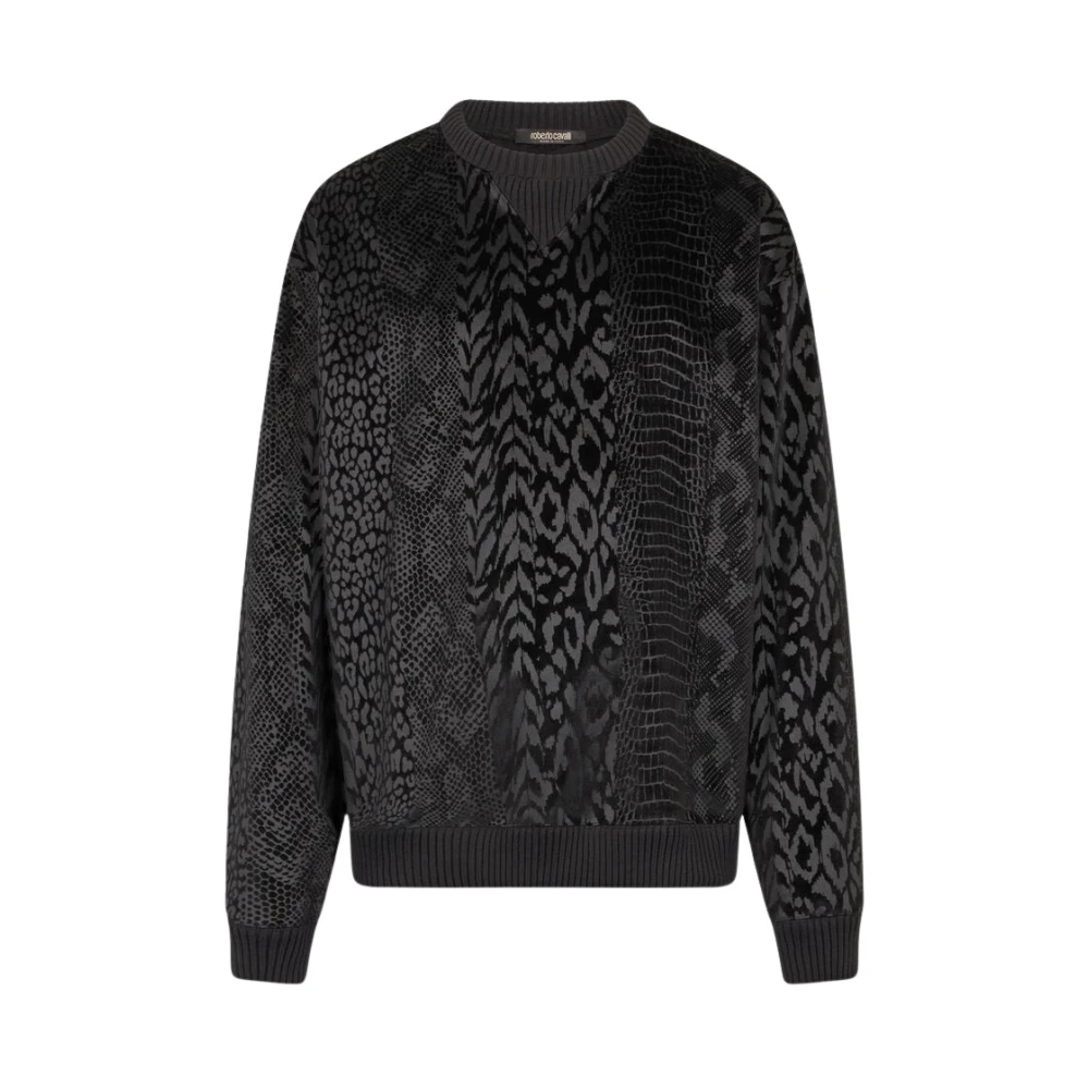 Roberto Cavalli , Sweatshirts, Male, Black, L, Animal-Patterned Wool Sweatshirt
