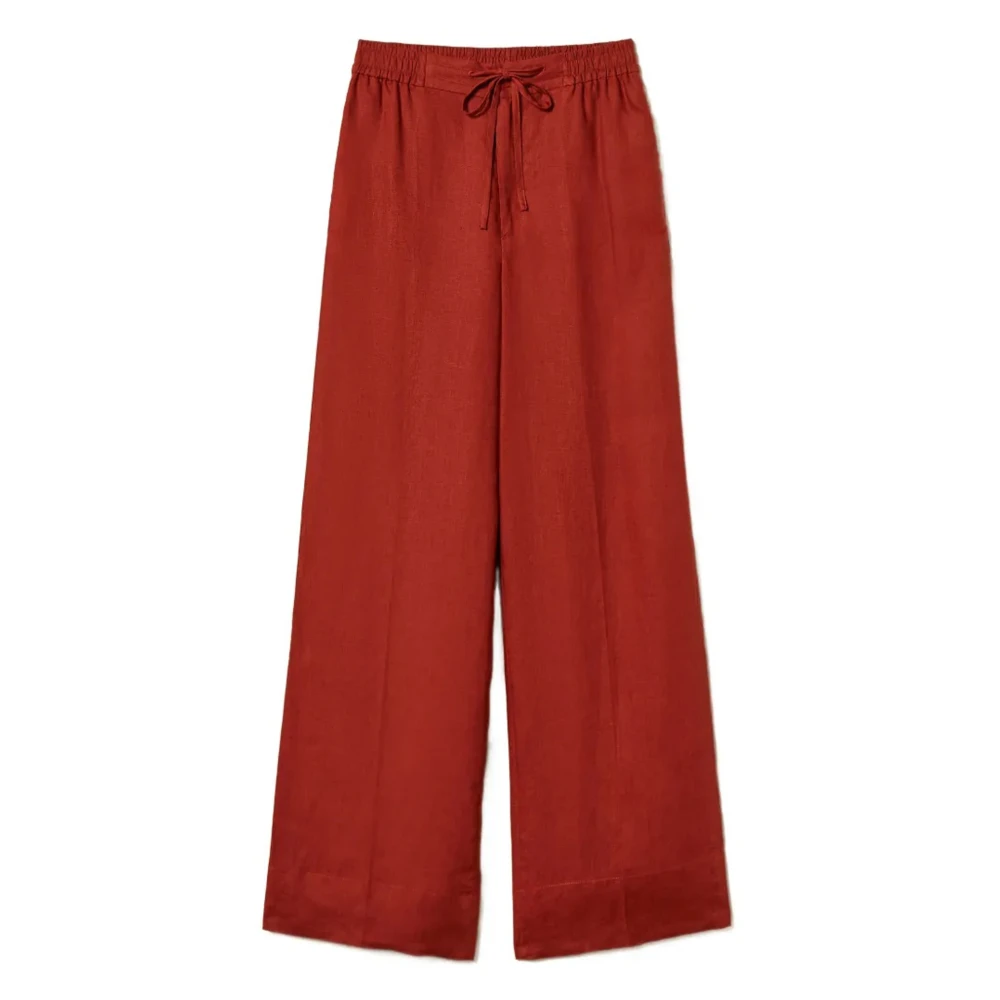 Twinset Women's Brown Linen Trousers With Embroidered Logo - Wide Trousers - L - Trousers