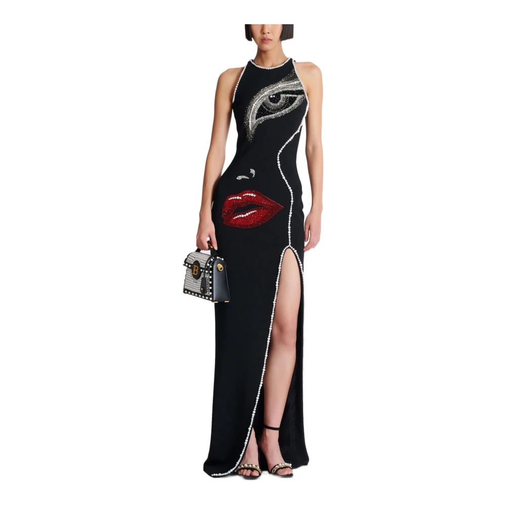 Balmain Lange geborduurde jurk met gezichtsmotief Black Dames