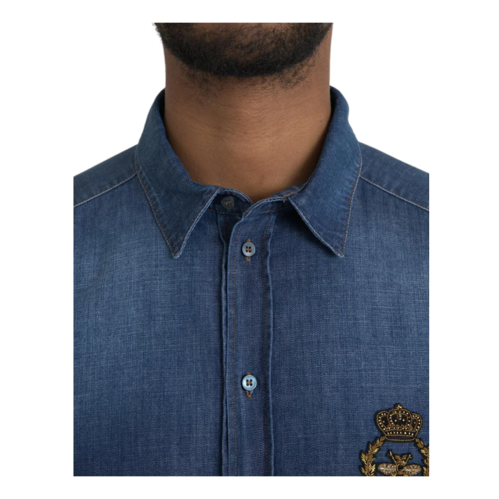 Dolce & Gabbana Blauwe Bij Embleem Denim Shirt Blue Heren