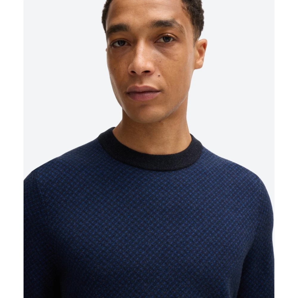 Hugo Boss Regular Fit Wol Katoen Jacquard Trui Blue Heren