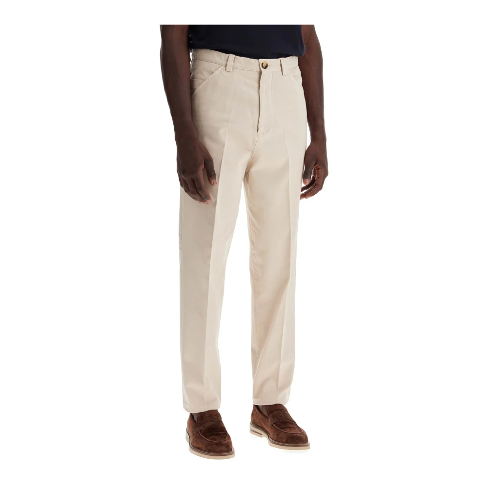 BRUNELLO CUCINELLI Smal Gesneden Gabardine Broek met Plooien Beige Heren