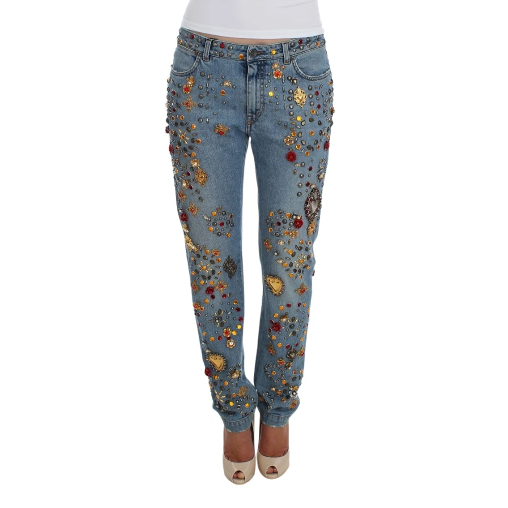 Dolce & Gabbana , Slim Fit Jeans, Female, Blue, Xs, Crystal Roses Heart Embellished Jeans
