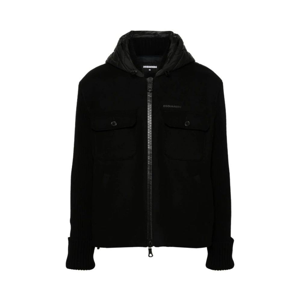 Dsquared2 Zwarte Wollen Blend Hoodie Jas Black Heren