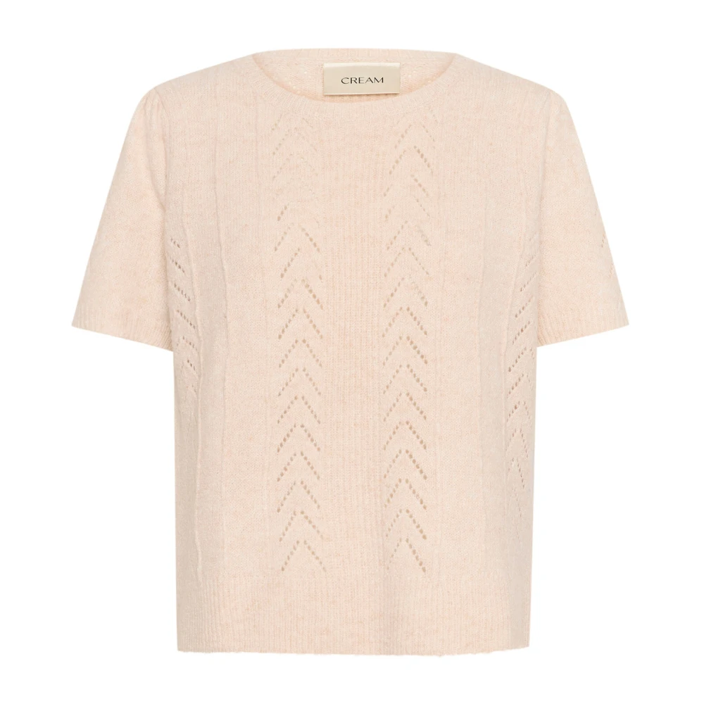 Cream Korte Mouw Pullover Trui met Gat Patroon Beige Dames