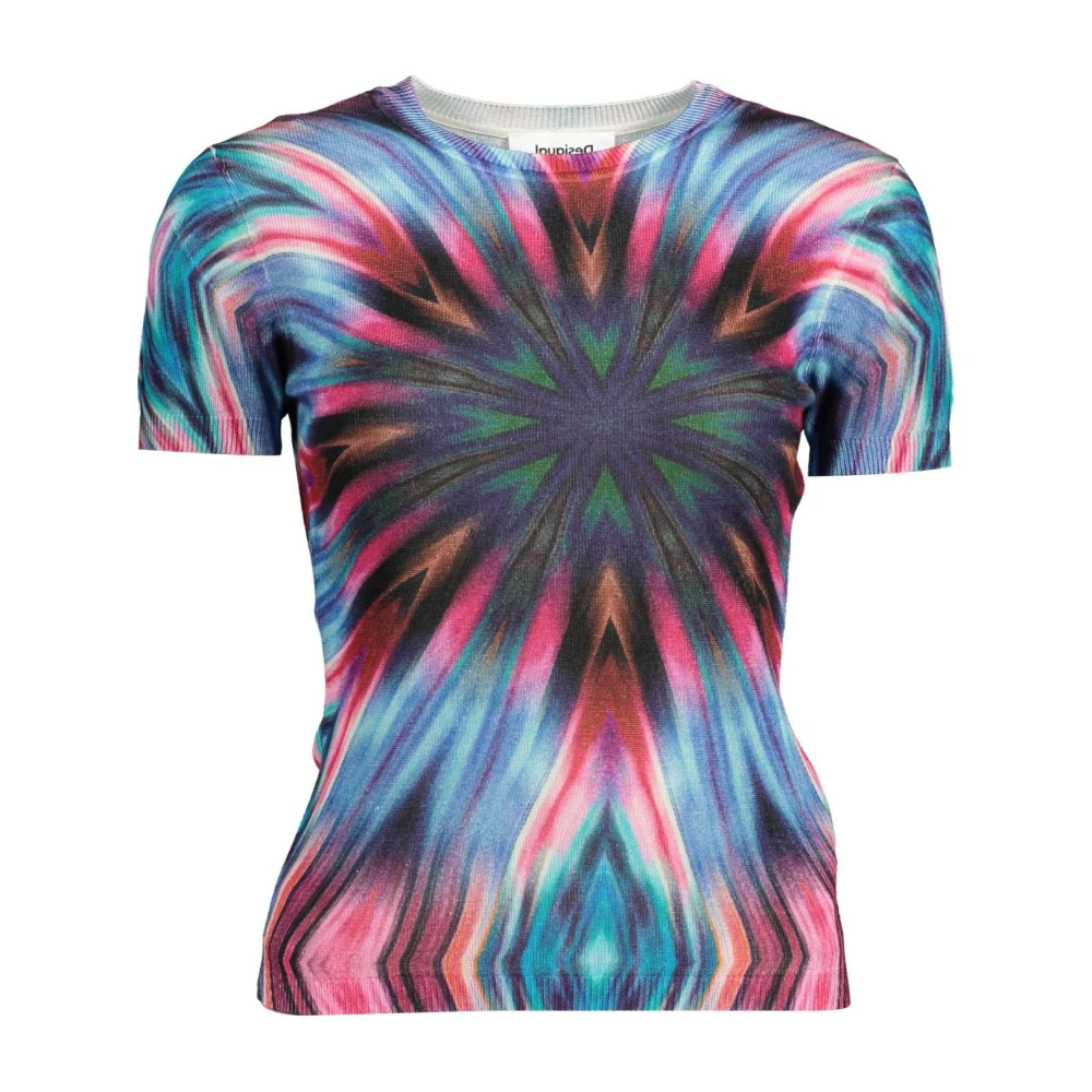 Desigual Women's Multicolor T-Shirts,, Blue Top Short Sleeve Contrast Details Extra Large