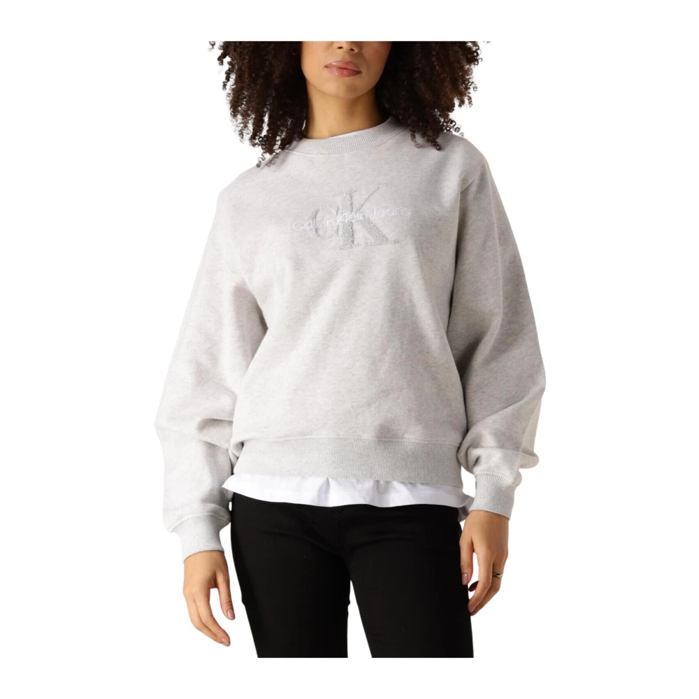 Calvin Klein Chenille Monologo Crewneck Sweater Gray Dames