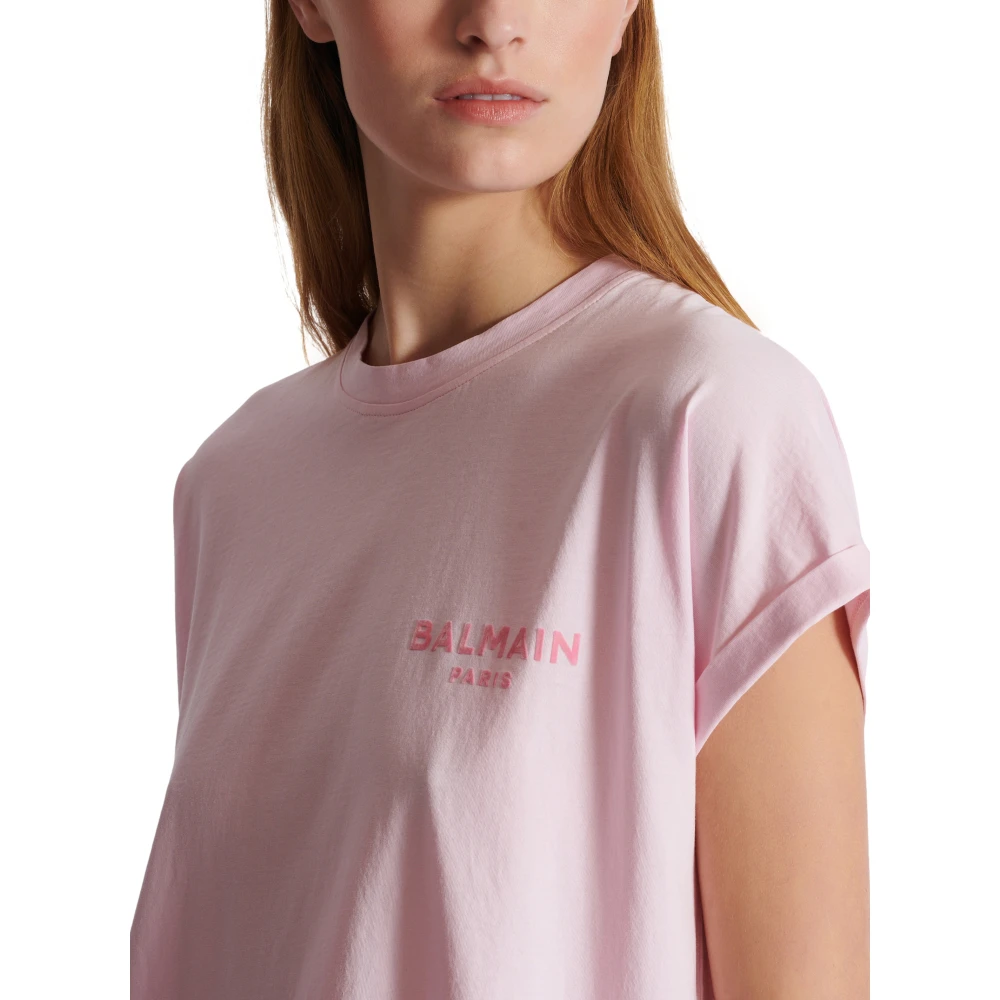 Balmain T-shirt met flock Paris logo Pink Dames