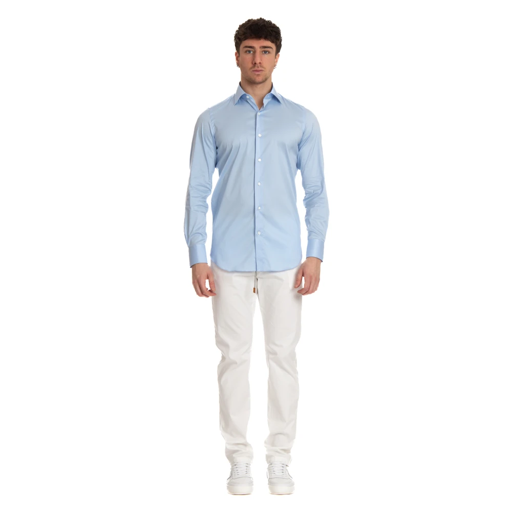 Finamore Heldere Blauwe Stretch Poplin Overhemd Blue Heren