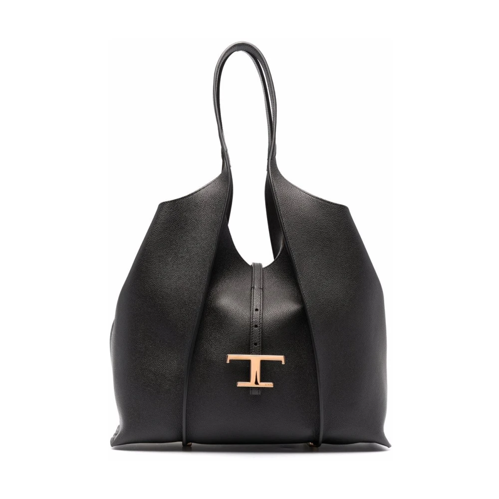 TOD'S Zwarte leren winkeltas met T-hanger Black Dames