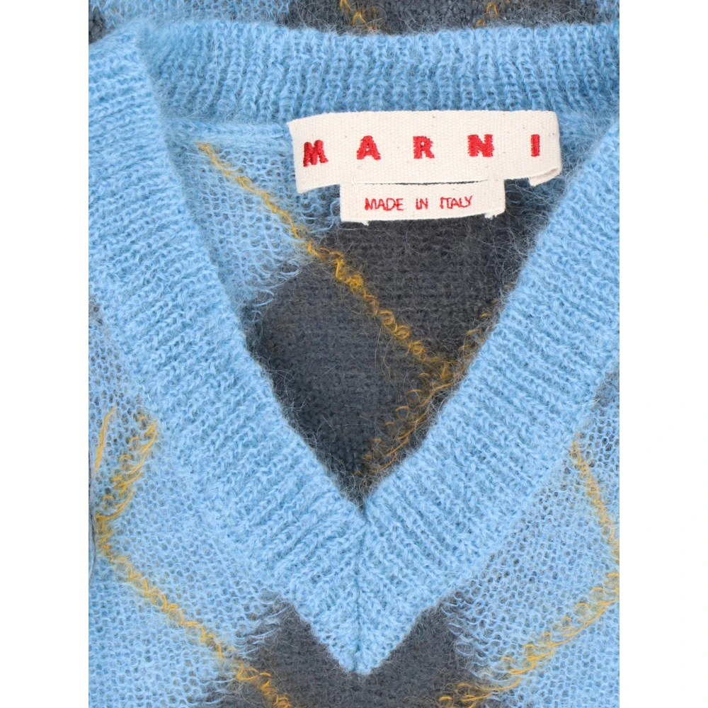 Marni Blauwe Geruite Trui Franje Detail Blue Heren