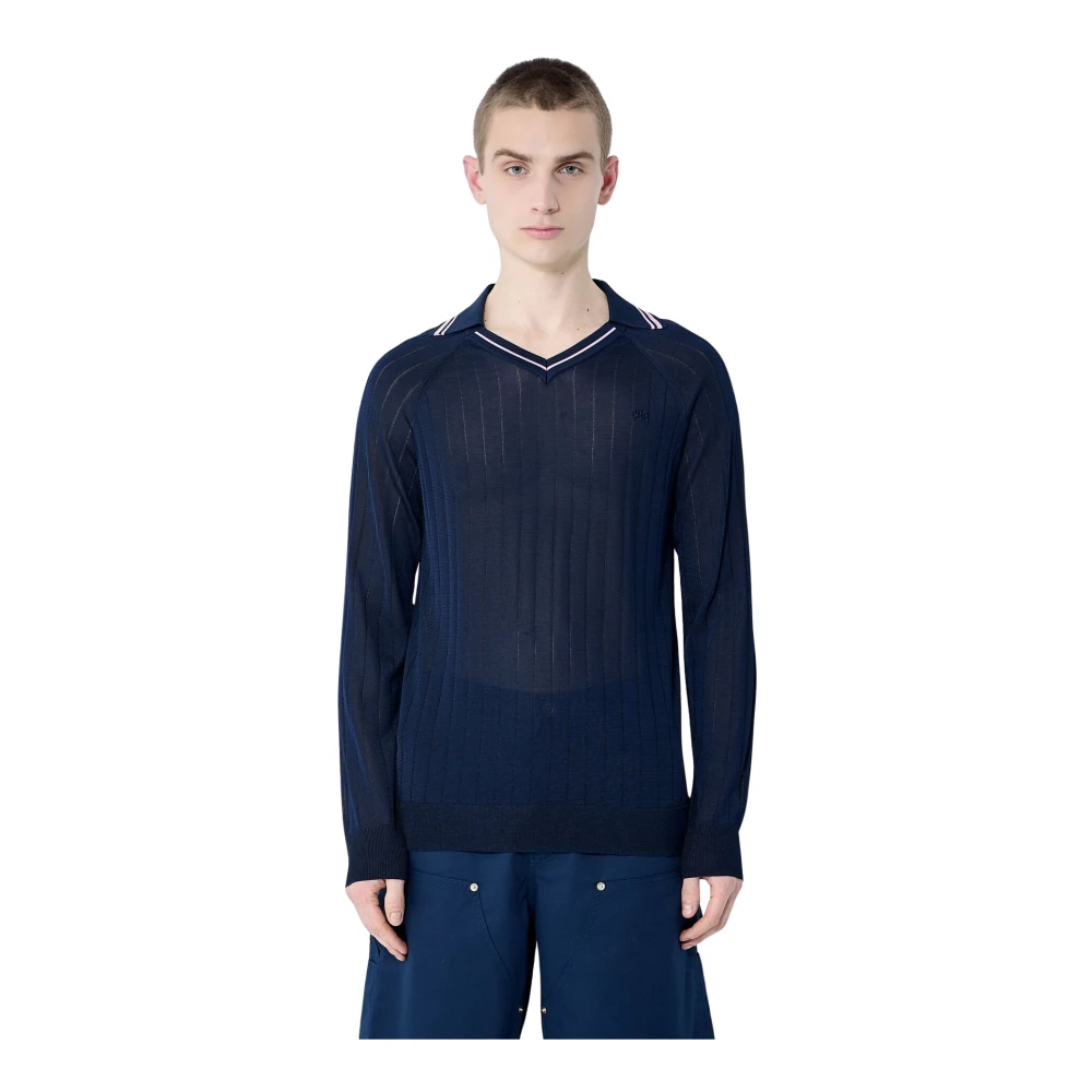 Wales Bonner Blue Football-Inspired Polo Shirt With Stripe Trim - Male - V-Neck Knitwear - S - Knitwear