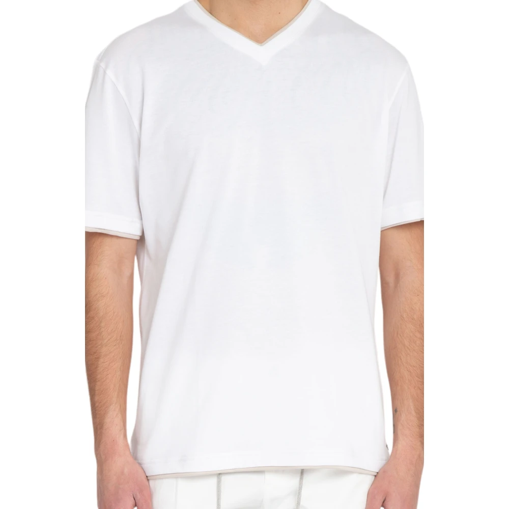 Eleventy Piping V-Neck Tee in Bianco White Heren