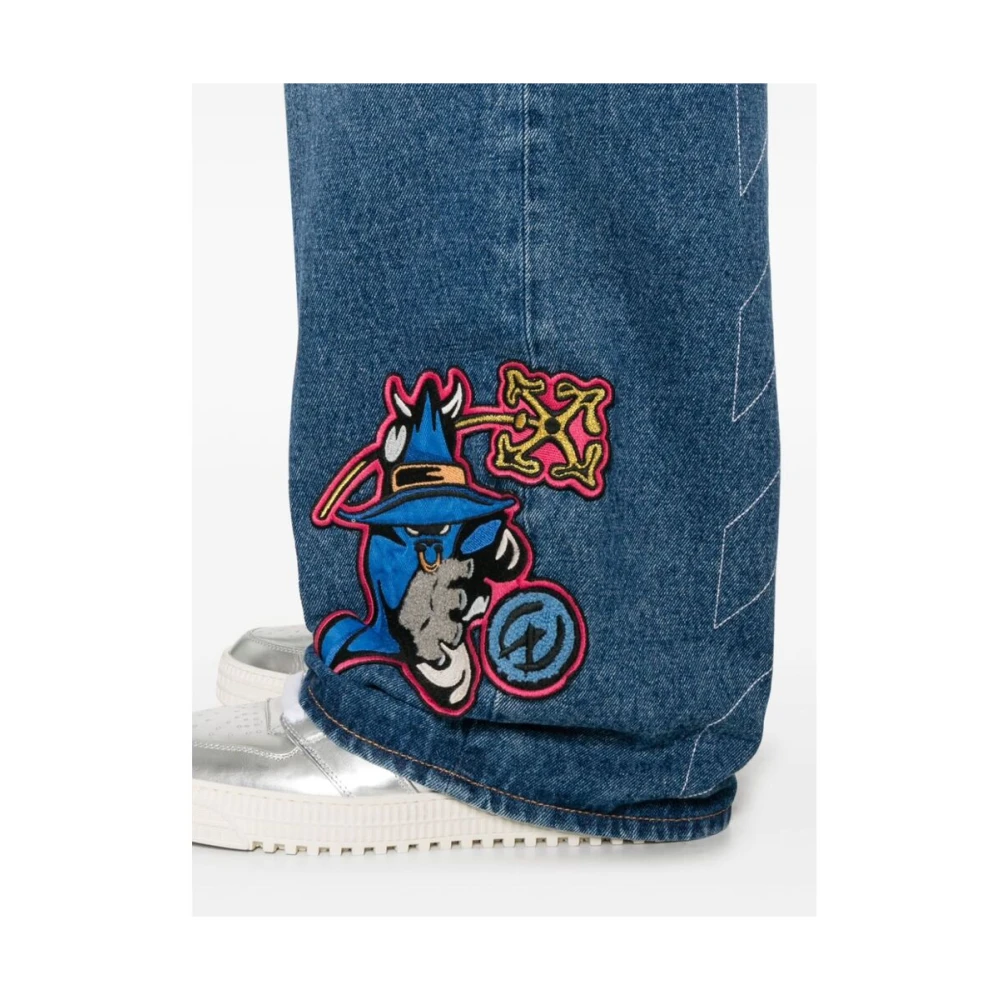 Off White Indigo Blauwe Denim Geborduurde Jeans Blue Heren