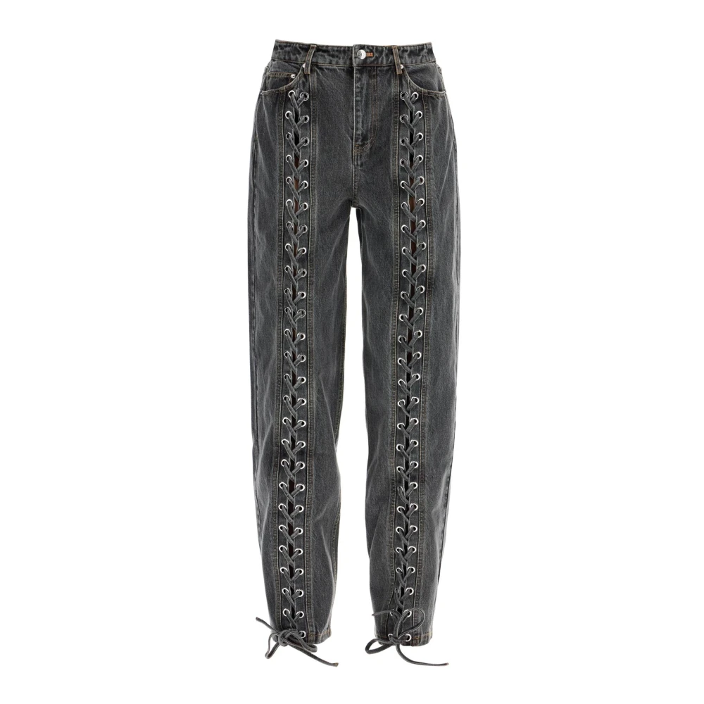 Rotate Birger Christensen Zwarte Katoenen Kant Wijde Pijp Broek Black Dames