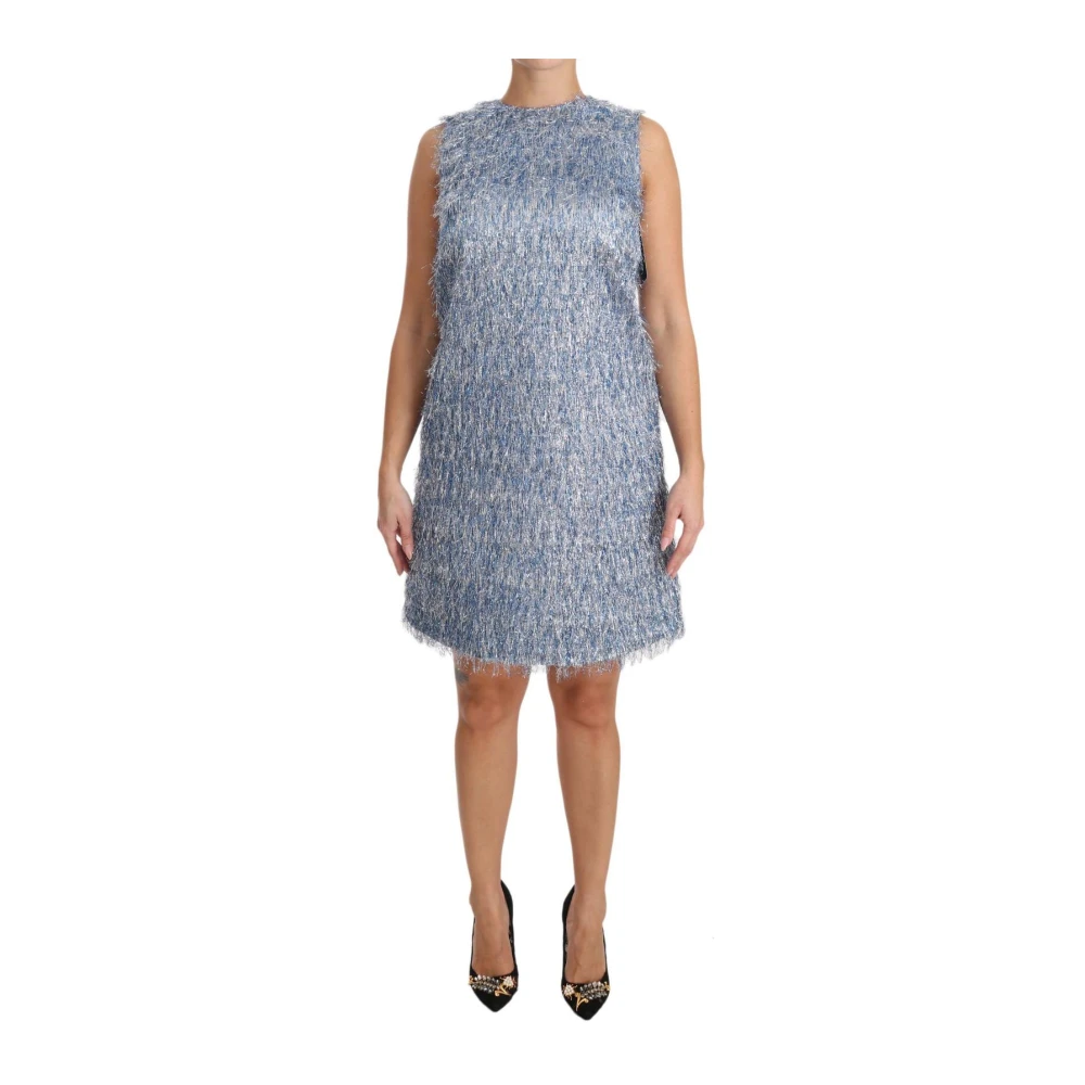 Dolce & Gabbana Women's Blue Metallic Fringe Mini Dress Sleeveless Aline - Party Dresses - L- Dresses