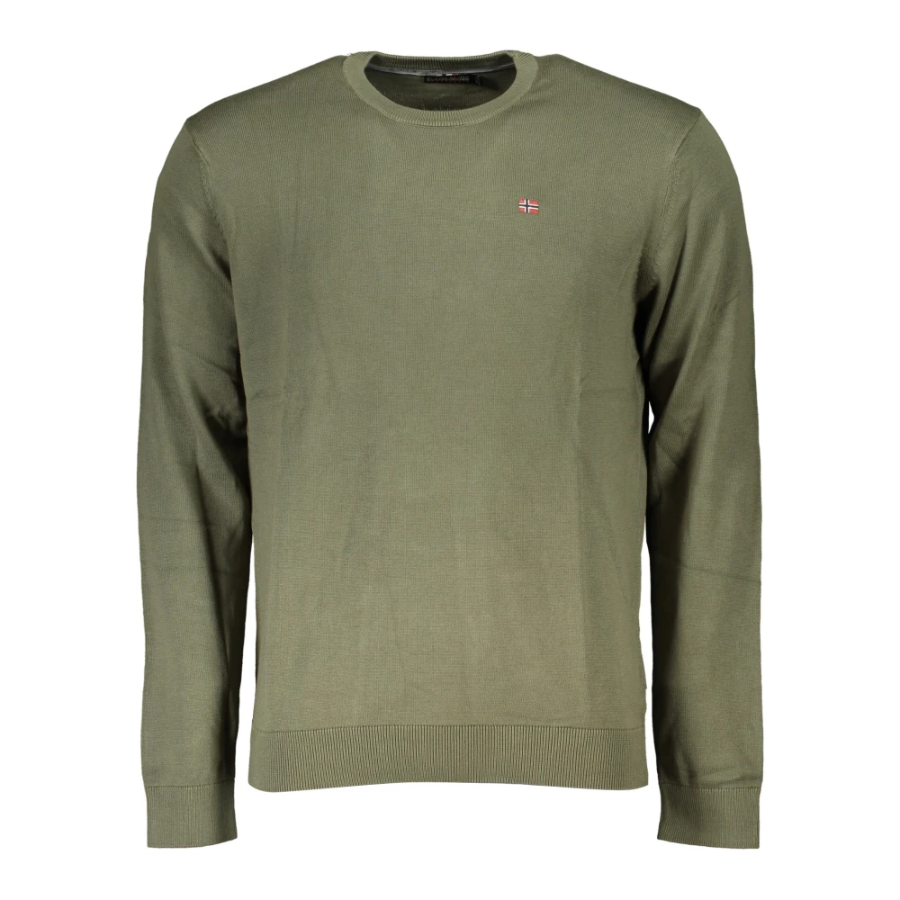 Napapijri Men's Green Long Sleeve Embroidered Logo Jumper - Round-Neck Knitwear - Xl - Knitwear