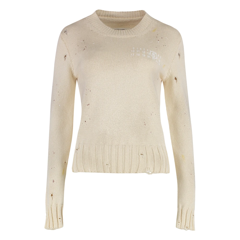 Mm6 Maison Margiela Vrouw Beige Truien & Vesten Dames, L, Katoen, Katoenen Trui Met Ronde Hals