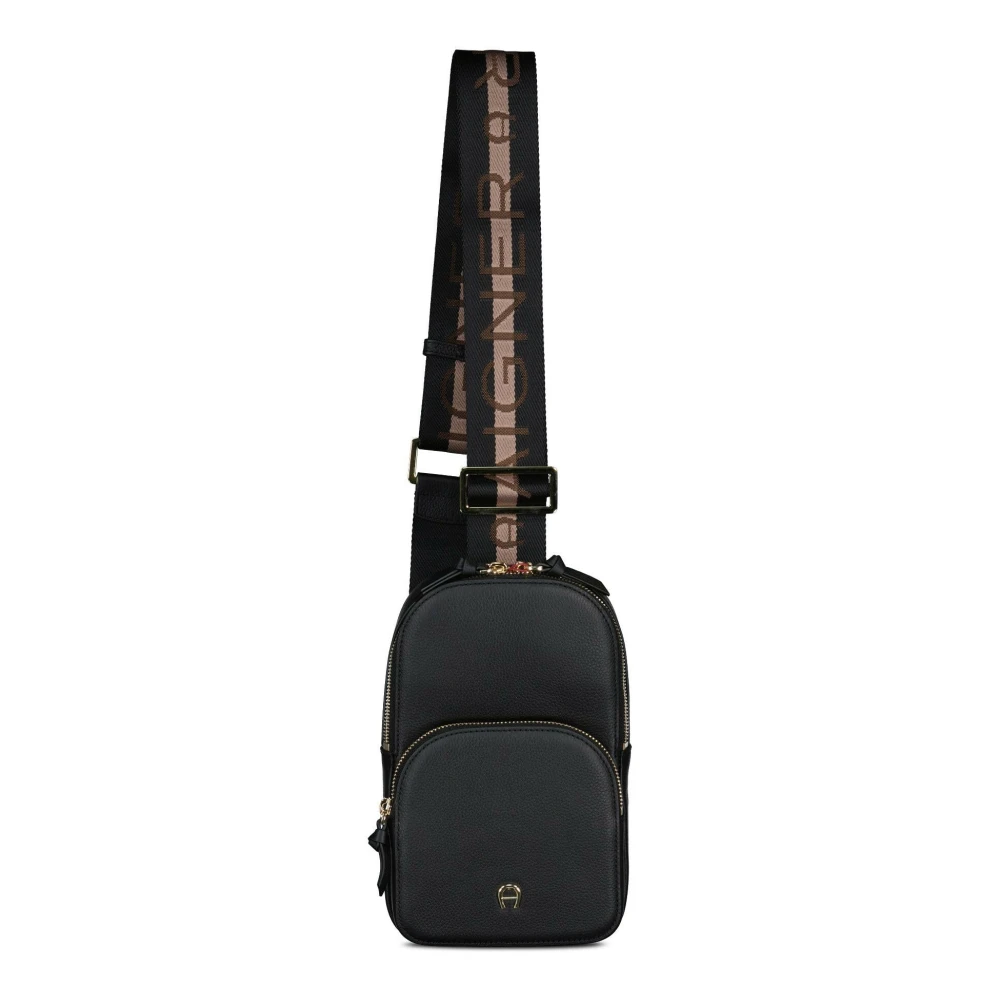 aigner Leren schoudertas met textielband Black Dames
