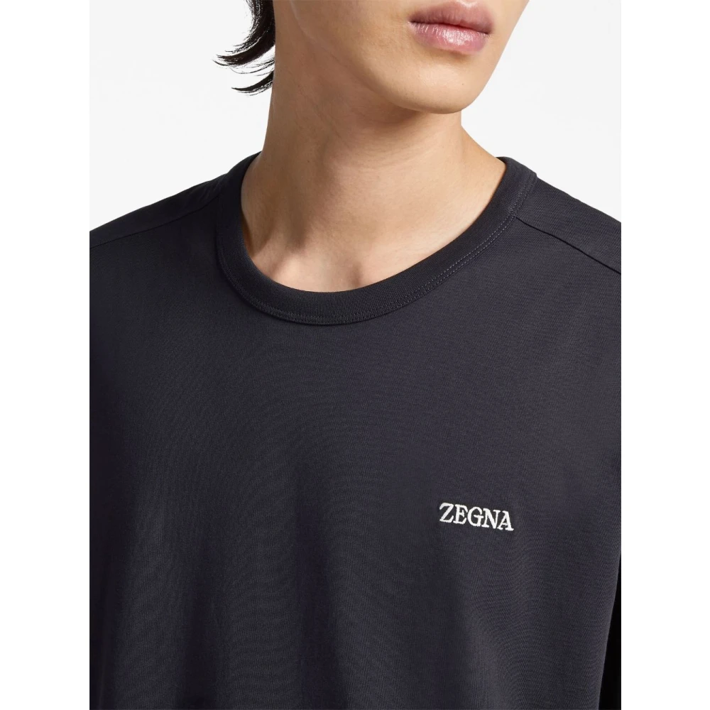 Ermenegildo Zegna Blauw Katoen Logo Geborduurd T-shirt Blue Heren