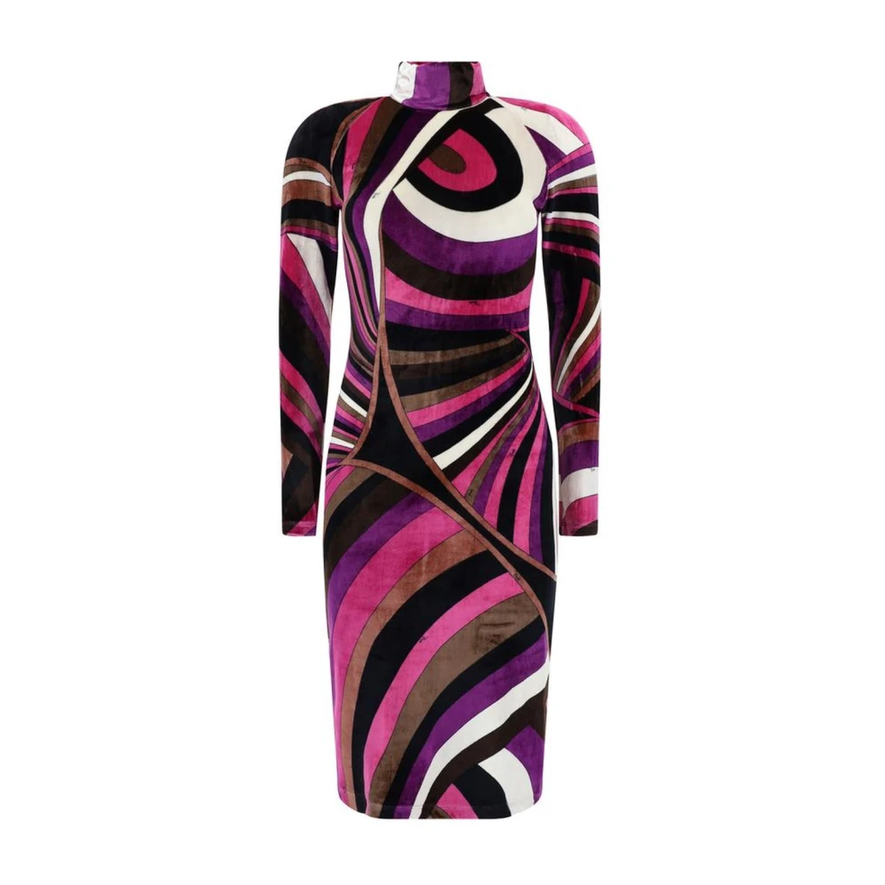 EMILIO PUCCI Fluwelen Mock Neck Midi Jurk met Gedrukt Patroon Multicolor Dames