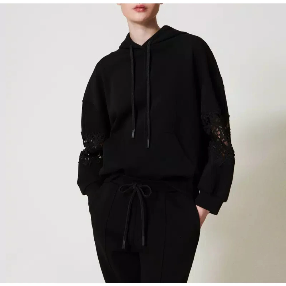 Twinset Hoodie met Macramé Detail Black Dames