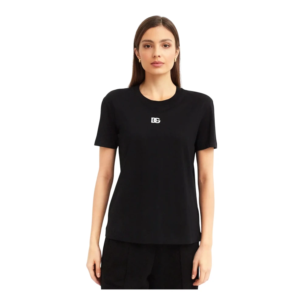 Dolce & Gabbana Black T-Shirts, Female, L, Jersey T-Shirt With Logo Embroidery