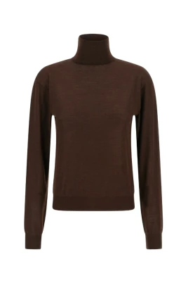 Brun Ribbstickad Turtleneck Sweater