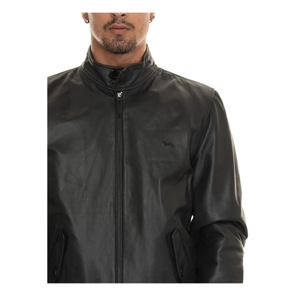 Harmont & Blaine Leren Harrington Jack met Gebreide Boorden Black Heren