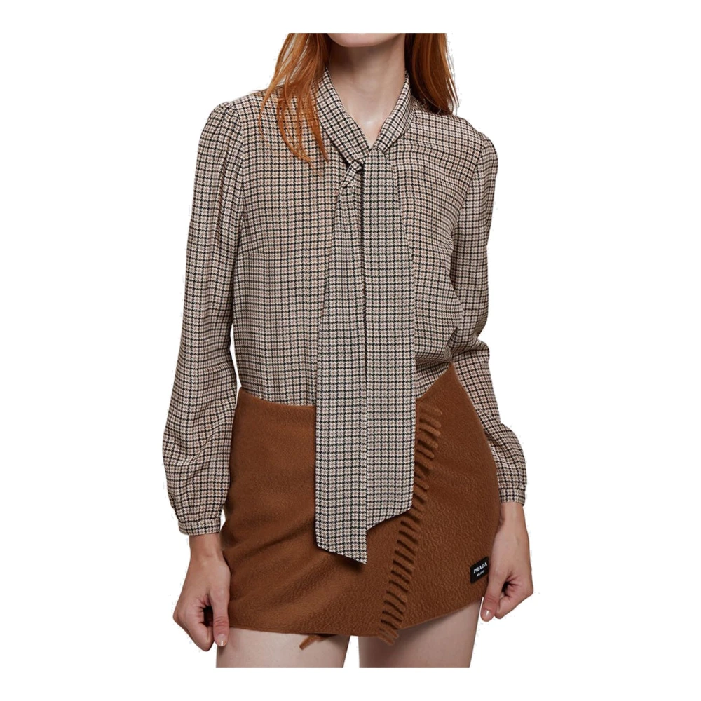Prada Zijden Pied De Poule Overhemd met Strik Kraag Brown Dames