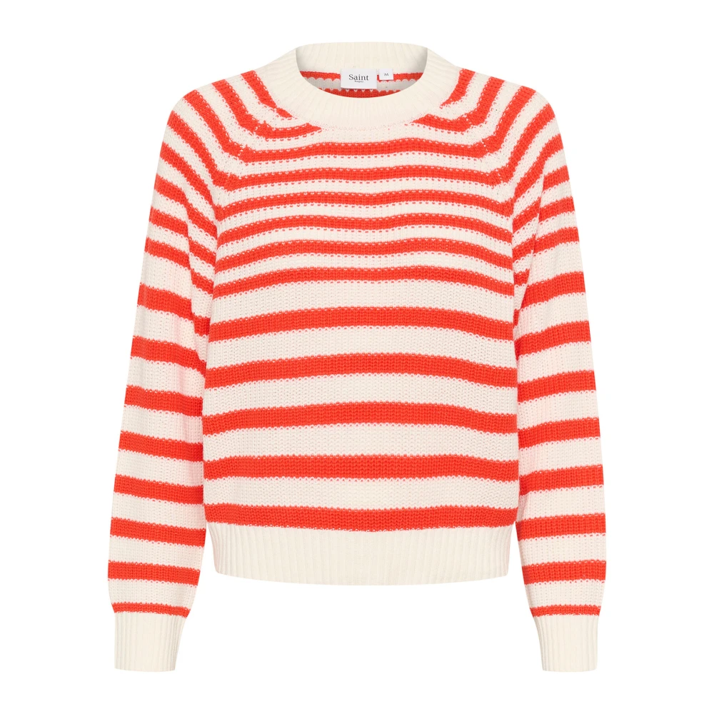 Saint Tropez Randig Pullover Tröja Flame Scarlet Red, Dam