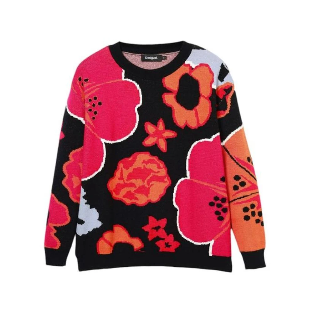 Desigual Damen Multicolor Schwarzer Blumiger Strickpullover
