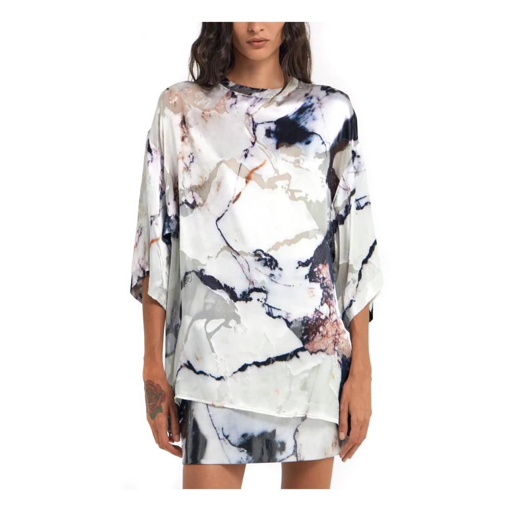 Roberto Cavalli Marmerprint Witte Satijnen Blouse Multicolor Dames