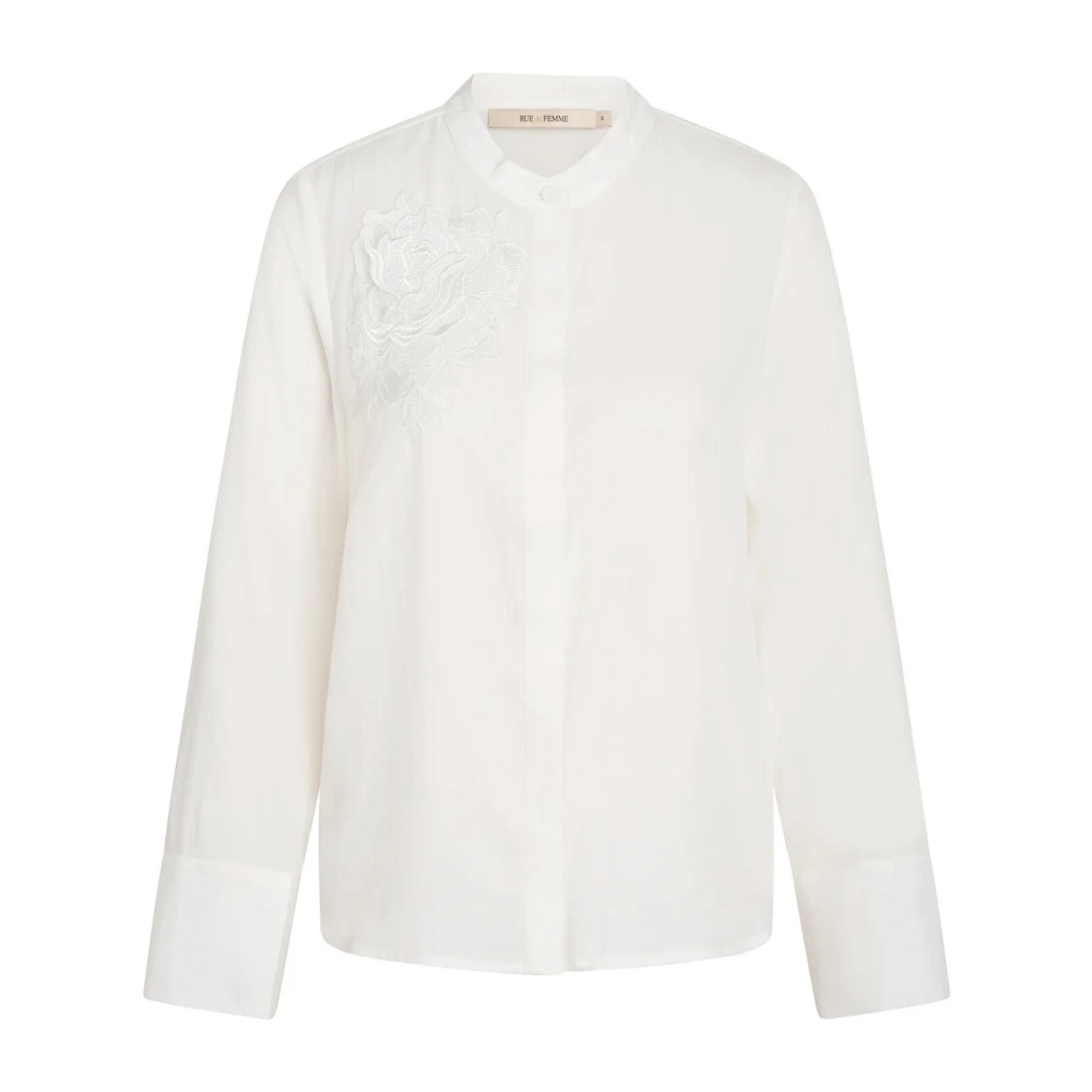 RUE de Femme Elegant Ros Broderad Vit Skjorta White, Dam