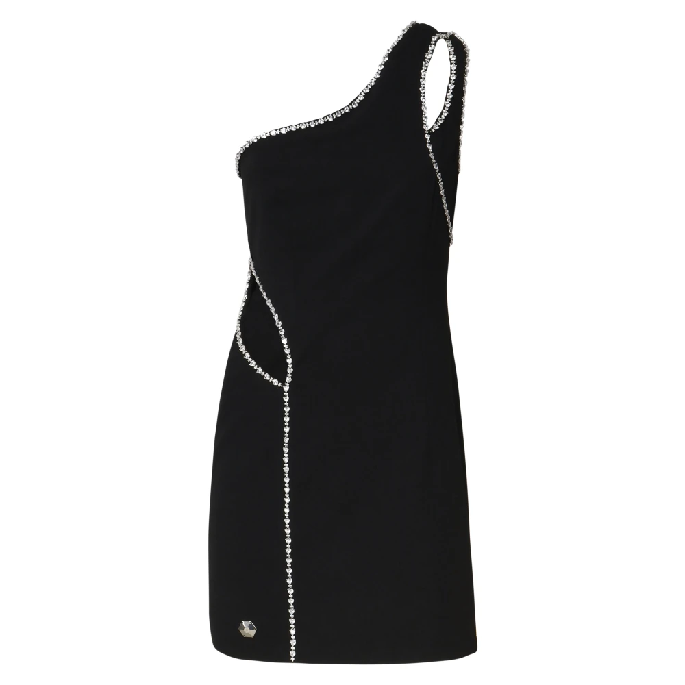 Philipp Plein Zwarte One-Shoulder Jurk met Contrasterende Decoratie Black Dames