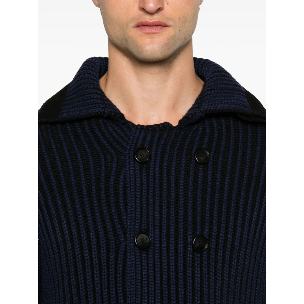 add Blauwe Geribbelde Gebreide Double-Breasted Jas Blue Heren