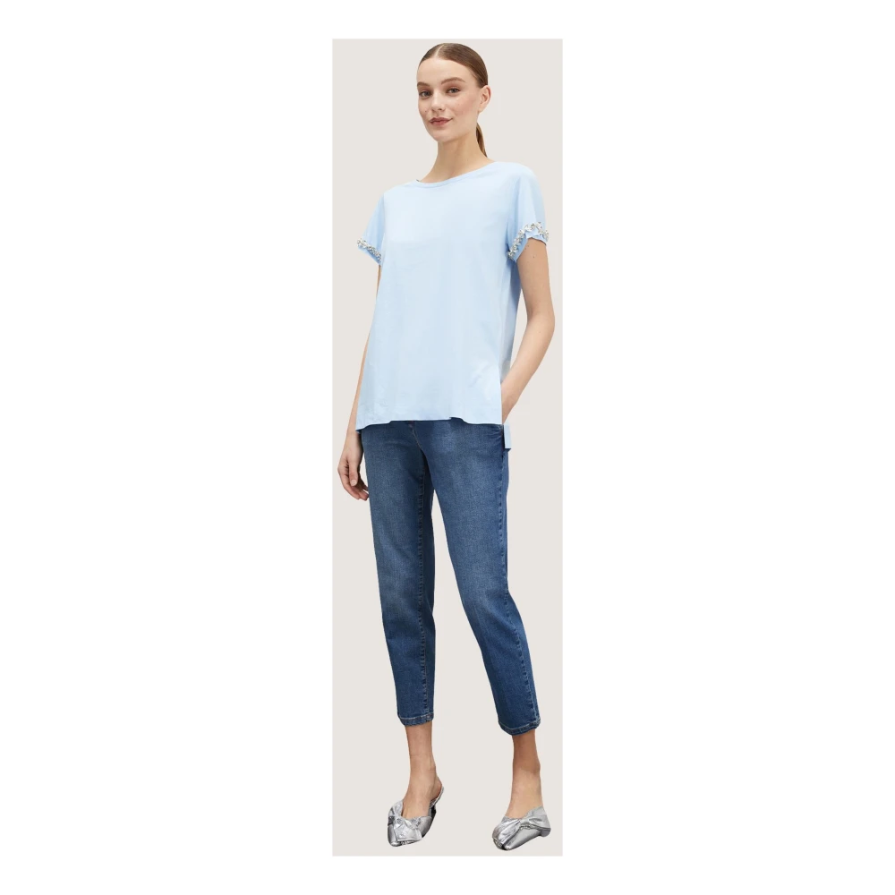 Motivi T-shirt met kristalversierde mouwen Blue Dames