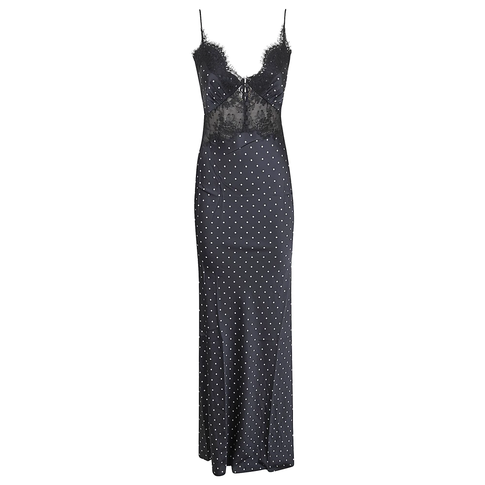 Self Portrait Women's Black Gowns, 2XS, Polka Dot Satin Lace Maxi Dress